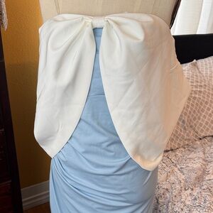 Strapless Bow-Accent Light Blue Dress with Cream Overlay